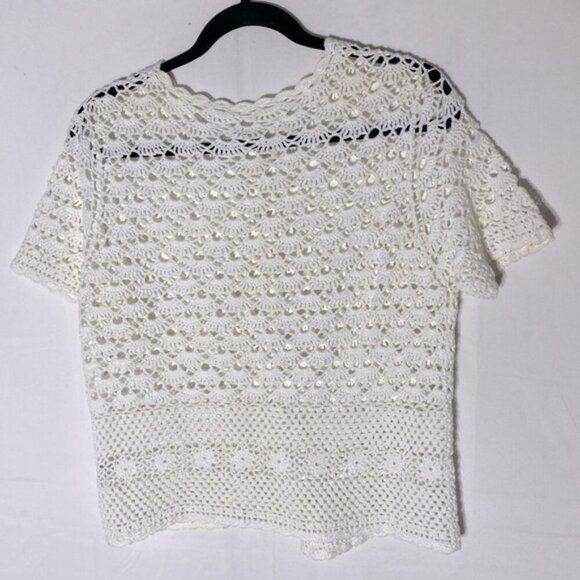 Vintage Cream Crochet Lace Knit Button Front Short Sleeve Cardigan M - Picture 2 of 12